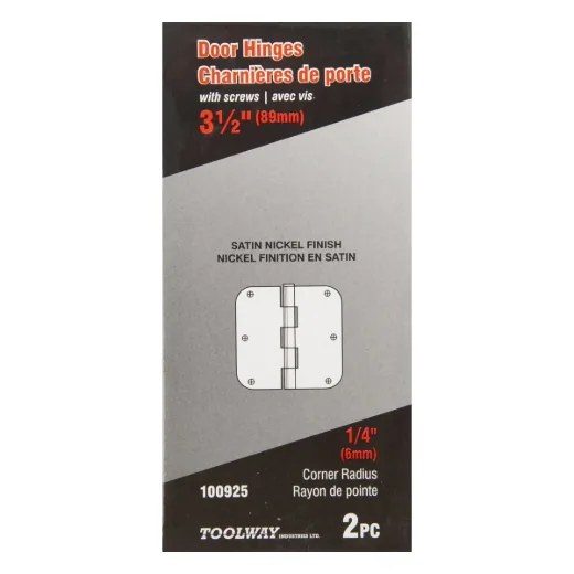 2 pc Door Hinge 3 1/2in x 3 1/2in Round Corner 1/4in Satin Nickel Steel